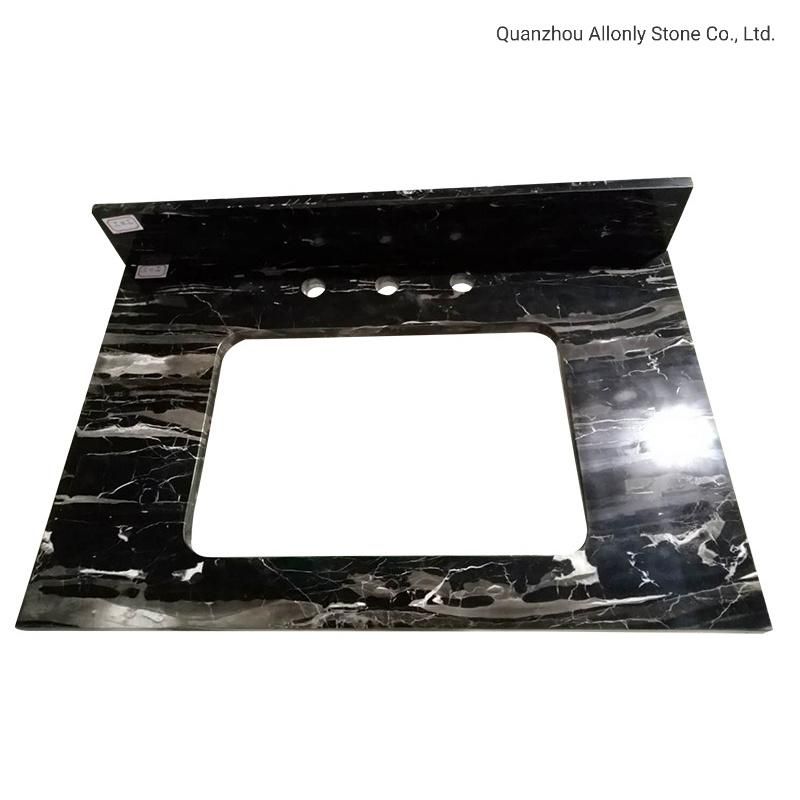 Customized Silver Dragon Black Marble Top Double Sink Bathroom Vanity