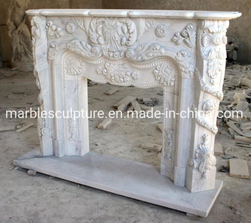 Hand Carved Luxury White Marble Fireplace with Beautiful Flowers (SYMF-080)