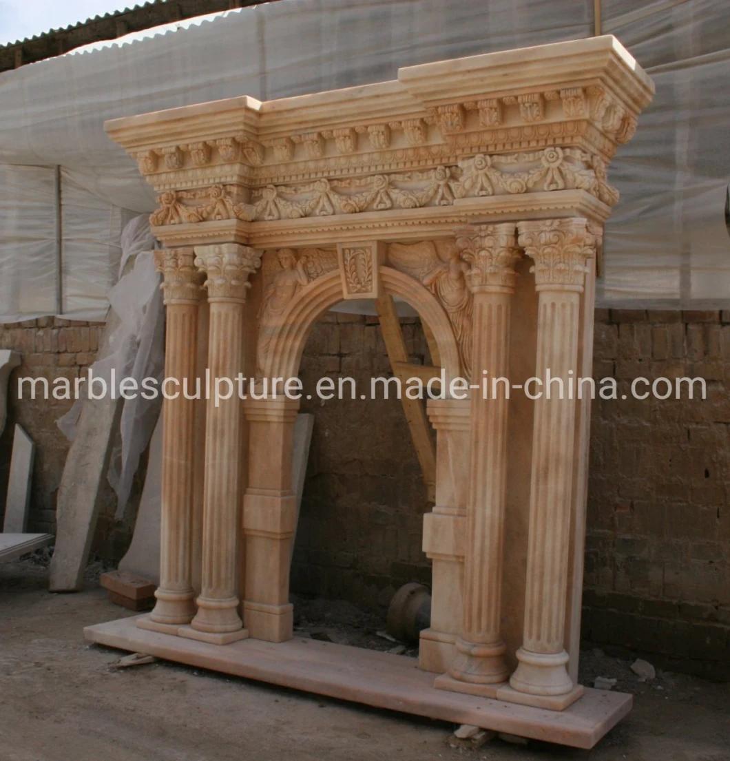 Carved Yellow Marble Stone Fireplace Mantel with Column (SYMF-296)