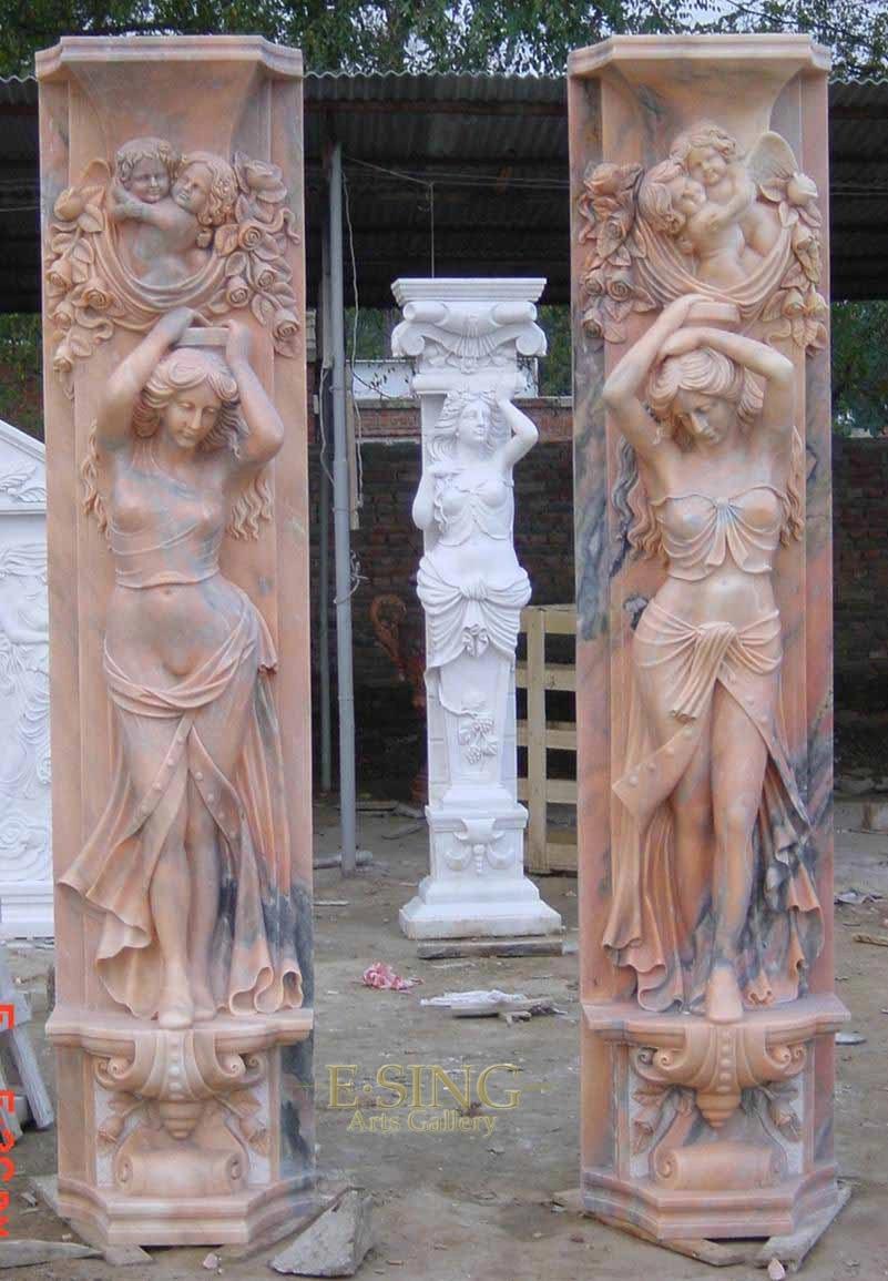 Sunset Red Marble High Quality Hand Work Statue Column