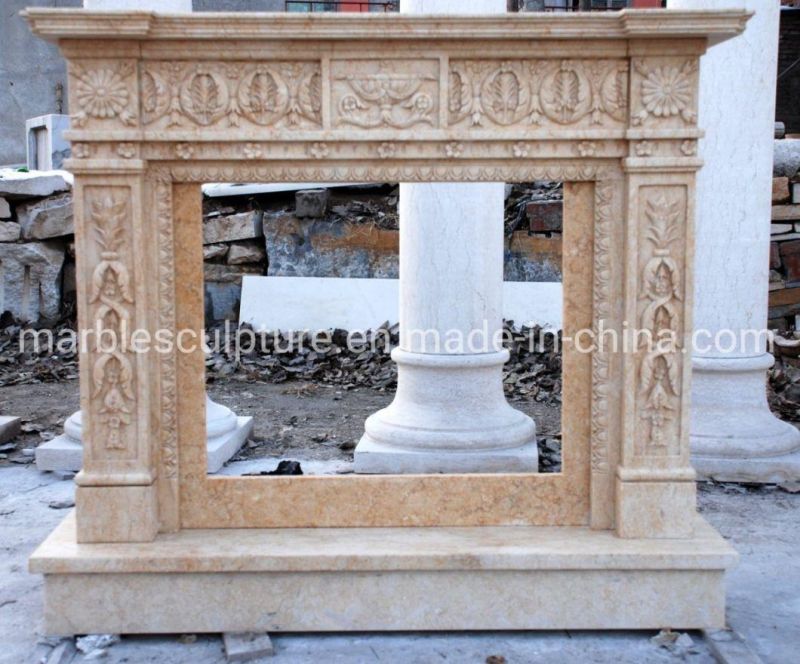 Natural Indoor Decorative Hand Carved Beige Marble Fireplace (SYMF-227)