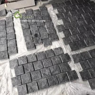 Natural Split Face G684 Black Basalt Paving Cobblestone on Mesh