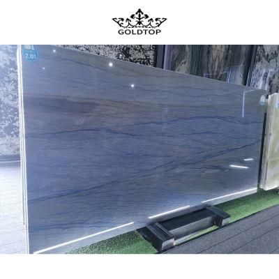 Book Matched Marble Tiles Wall Design in Hotel Hall Natural Blue Macubas Marble Slab