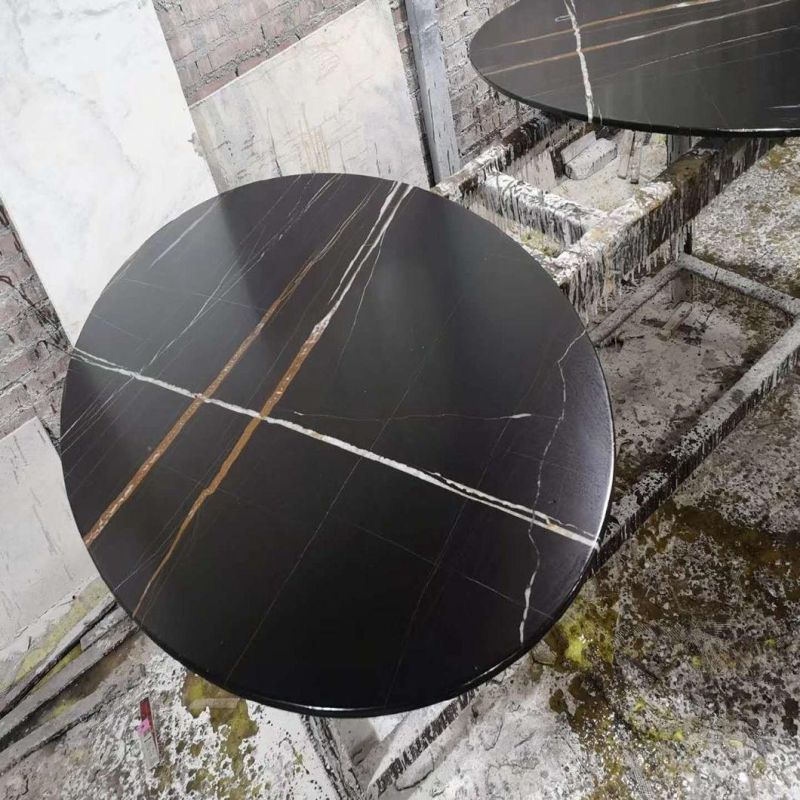 Marble Look Sintered Stone Dining/Table Gold/White Streak Black Round Marble Surface