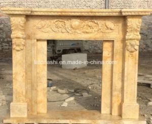 Beige/Yellow Travertine Fireplace Mantel with Flower Carving