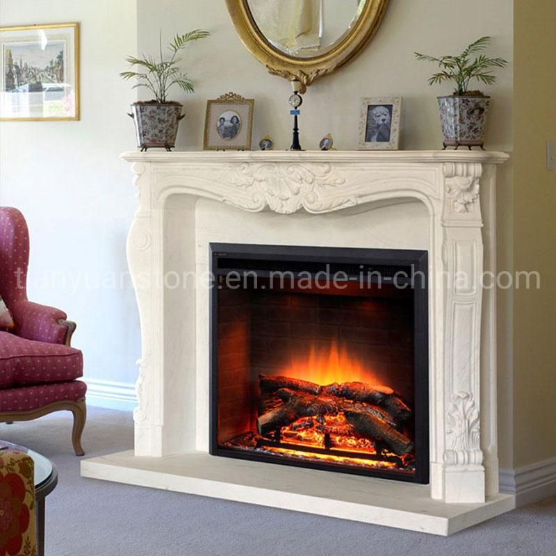 Home Decoration Customized White Marble Fireplace Mantel with Carvings
