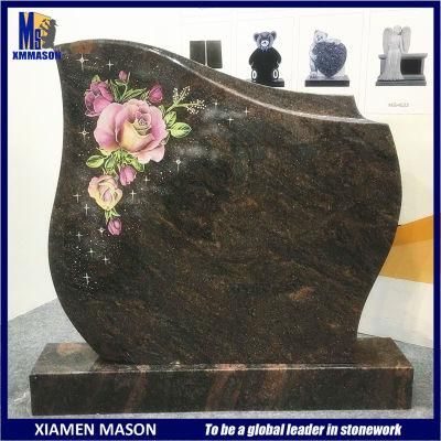 New Design Indian Aurora Red Granite Gravestone Slab with Colored Flowers