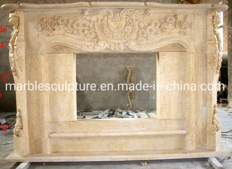 Hand Caving Elegant Beige Mable Fireplace with Surround Flowers (SYMF-151)