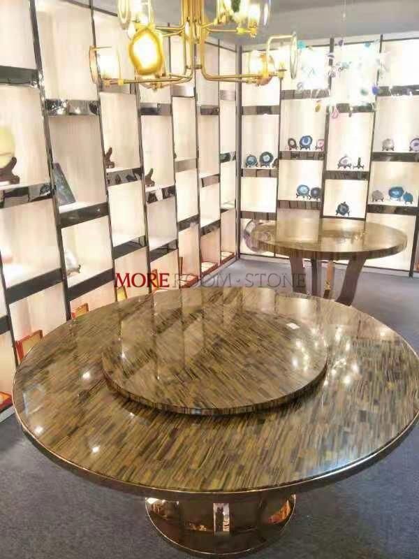 Precious Stone Yellow and Blue Tiger Eye Custom Round Countertop Design