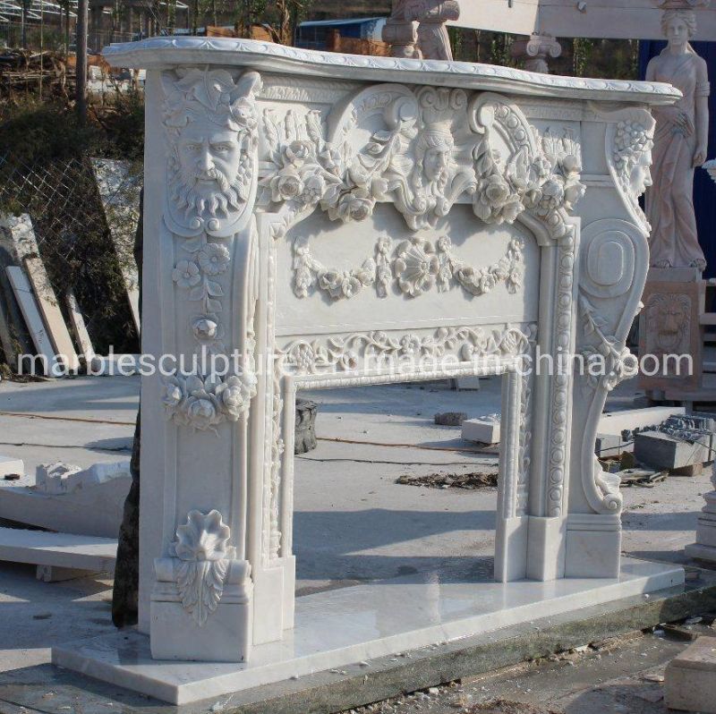 Custom Exquisite White Marble Stone Mantel Fireplace with Figures (SYMF-279)