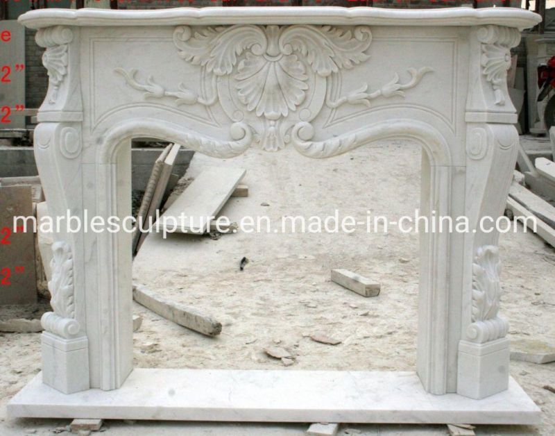White Stone Mentel Surround Marble Fireplace with Flowers Carving (SYMF-088)