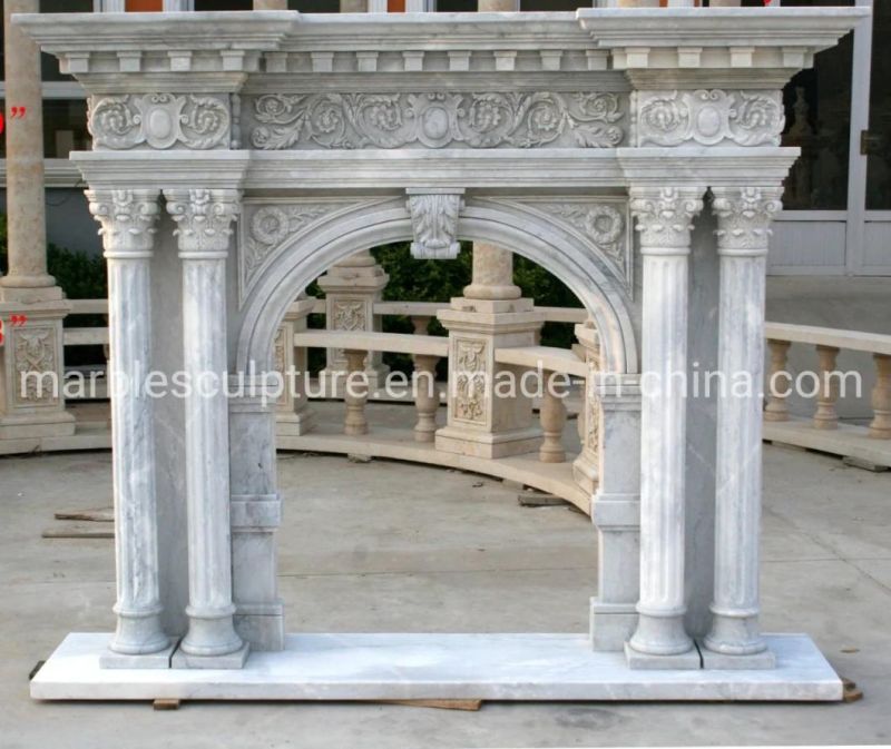 Hand Carved Arched White Marble Fireplace with Column (SYMF-241)