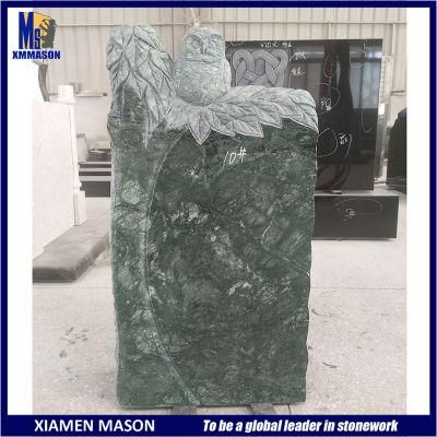 Natural Picasso Green Marble Gravestone with Tree Owl Sculpture