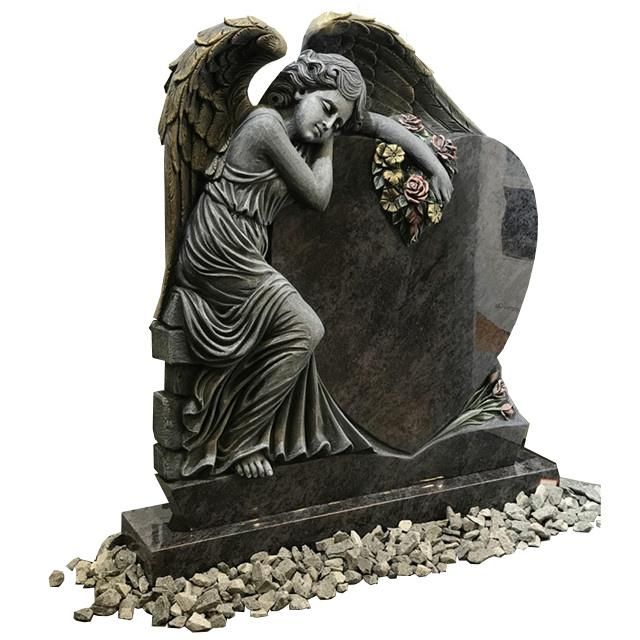 Antique Angel Holding Heart Bahama Blue Granite Tombstone