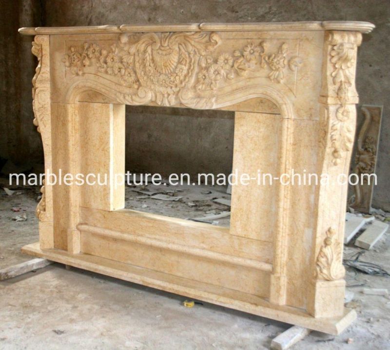 Hand Caving Elegant Beige Mable Fireplace with Surround Flowers (SYMF-151)