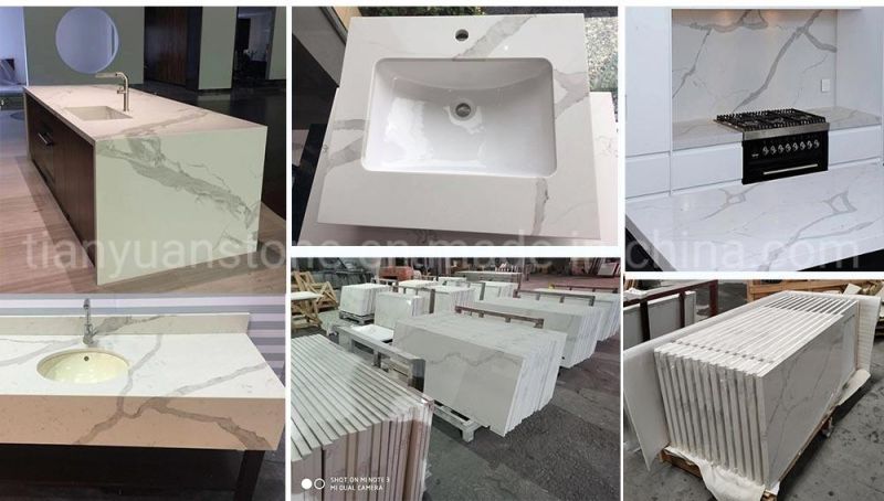 Artificial Stone Calacatta Quartz Island Kitchen with White/Grey/Black Stone Tiles/Slabs/Countertops/Vanitytop