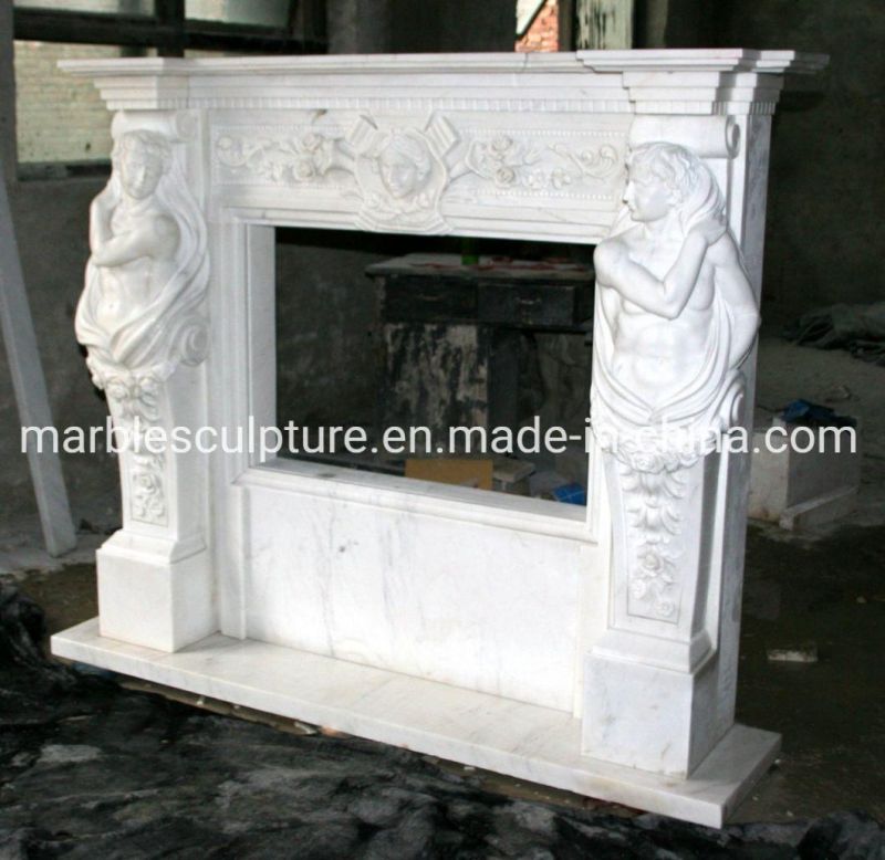 Antique Western Style White Marble Fireplace Carved Figures (SYMF-141)