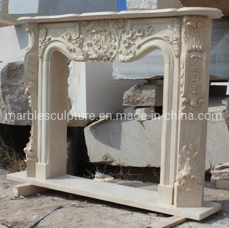 Classic Beige Marble Fireplace Mantel Carved Flowers (SYMF-313)