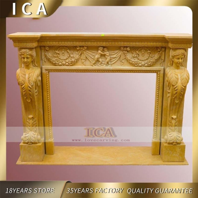 Indoor Customized Large Size Marble Fireplace with Girl Statue Sculpture