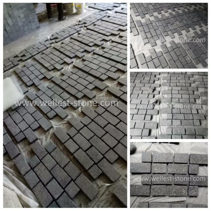 G684 Dark Black Basalt Granite Cobble Paving Stone on Meshed Mats for Driveway