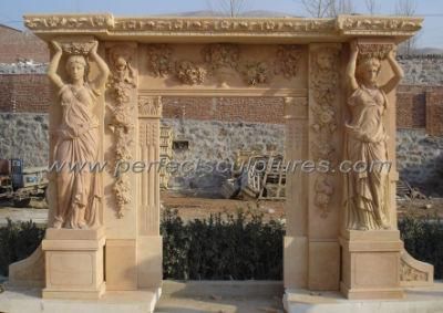 Figure Statue Marble Fireplace Mantel with Carved Flower Grape (QY-LS642)