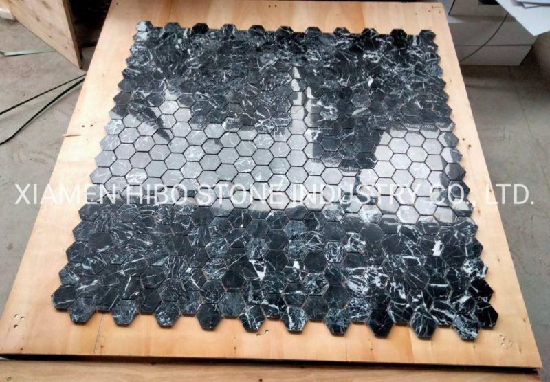 Nero Marquina China Black White Vein Marble Natural Stone Hexagon Mosaic for Kitchen Backsplash Wall Tile