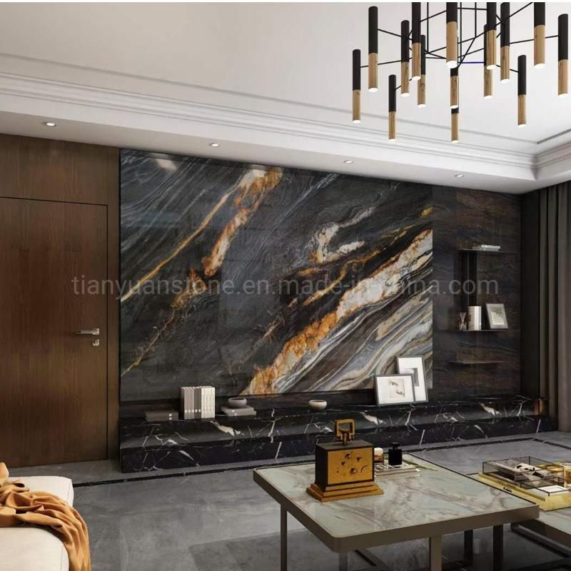Polished Natural China Black Yellow Gold Stone Slabs Cut to Size Tiles Marble Slab for Interior Wall Cladding, Kitchen&Bathroom Tops