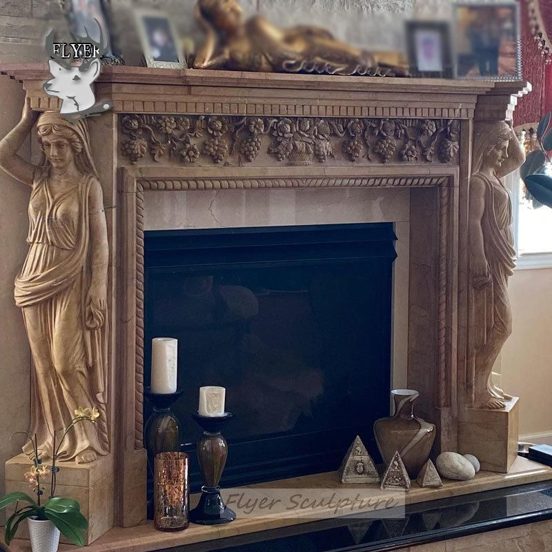 French Style Natural Solid Yellow Marble Lady Fireplace Mantel Freestanding for Home Decor