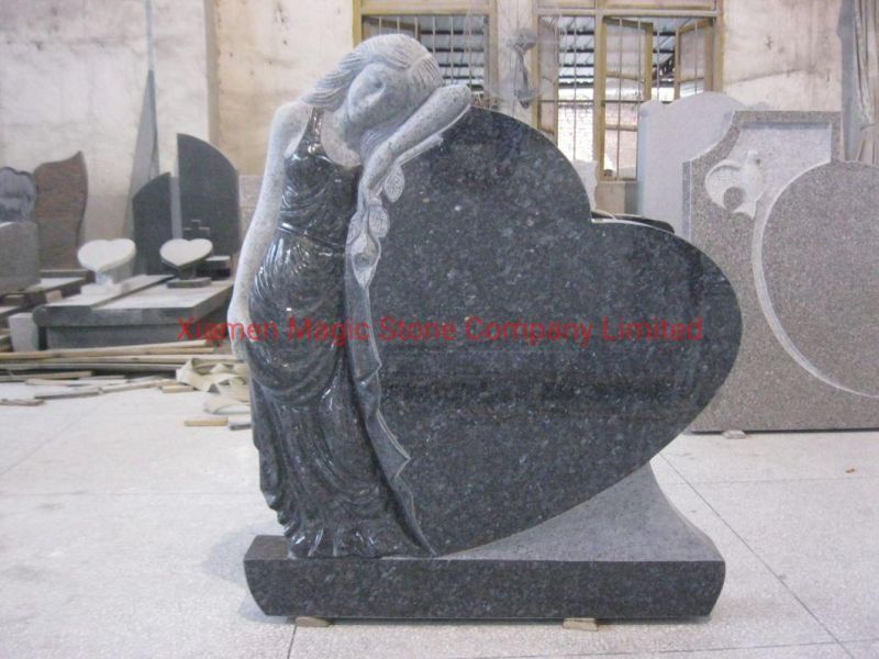 Blue Pearl Granite Stone Headstone Angel Tombstone with Heart Design