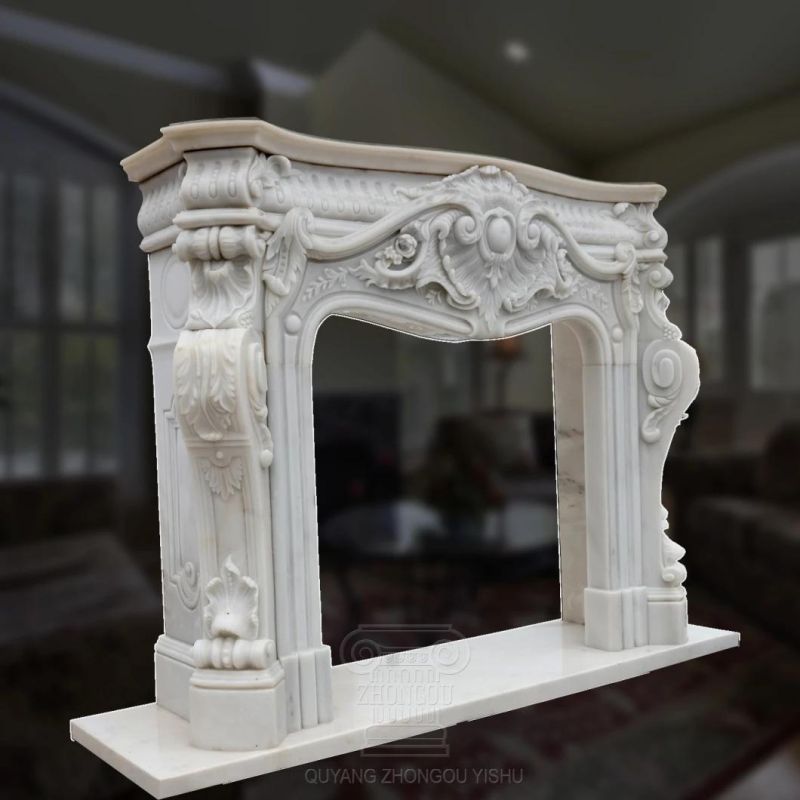 Louis Xv Style White Marble Fireplace Mantel with Flower Grape Carvings