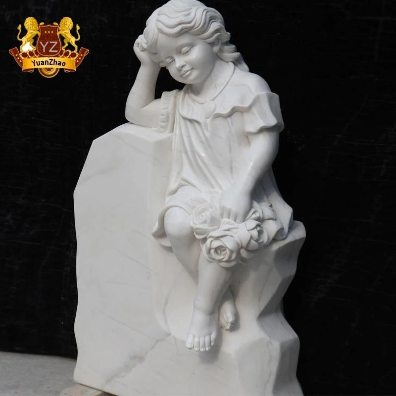 Cemetery Memorial Baby Girl Headstone Hand Carving Natural White Marble Kid Girl Statue Monument