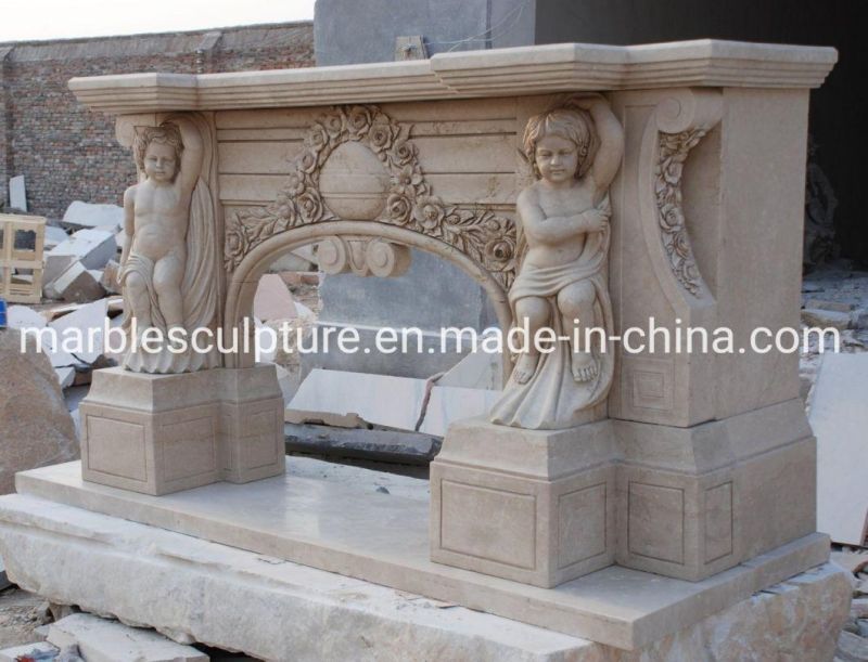Babay Cherubs Beige Marble Fireplace with Surround Flowers (SYMF-081)