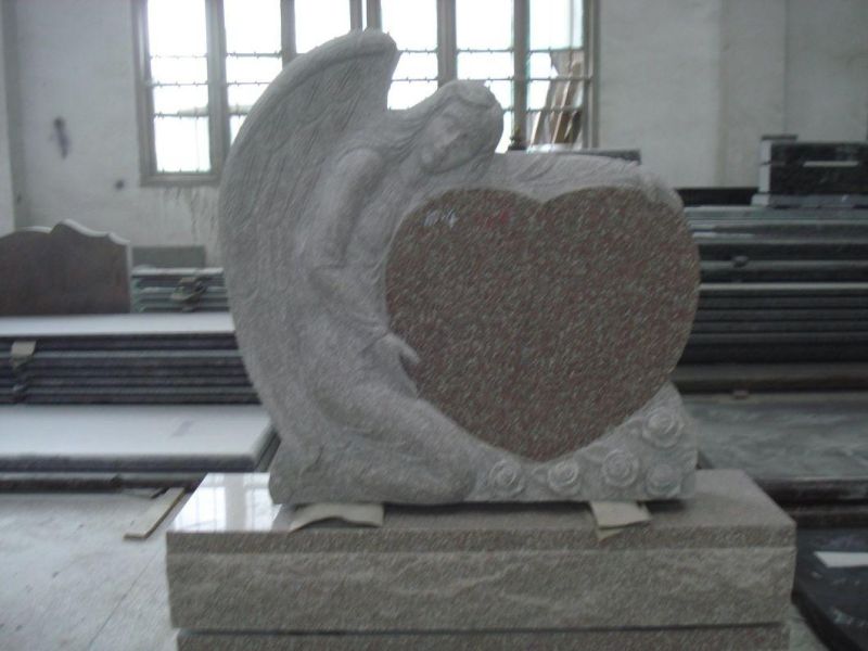 Light Grey Granite Angel Wings Holding Double Heart Headstone for Grave Memorial