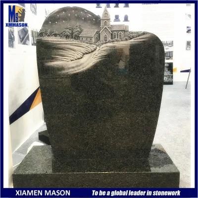 Wholesale Upright Indian Black Granite Tombstone with Carved House