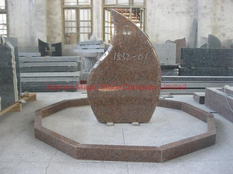 Red Granite Gravestone Monument Leaf Carving Design Tombstone Headstone