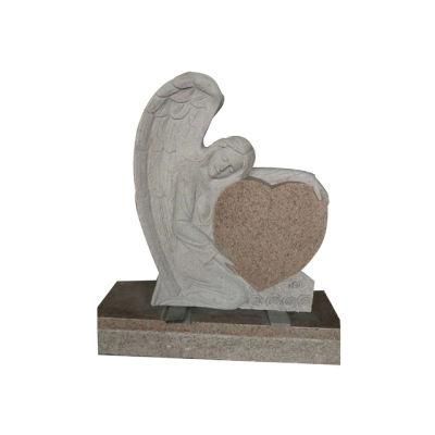 Pink Red Granite Single Angel Wing Holding Heart Gravestone for Memorial Cemetery