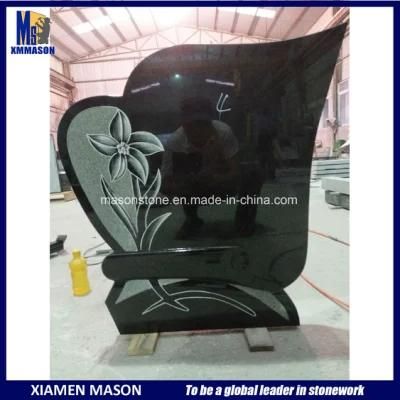 Upright Shanxi Black Granite Tombstone with Line Engraving Flower