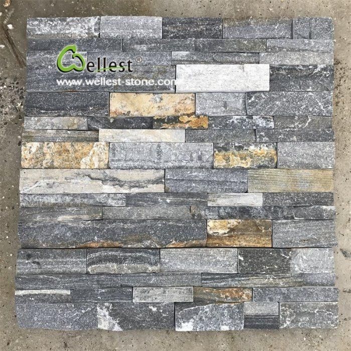 Grey Blue Rustic Mixed Color Quartzite Ledge Stacked Culture Stone for Exterior Feature Garden Retaining Wall of Villa and Castle