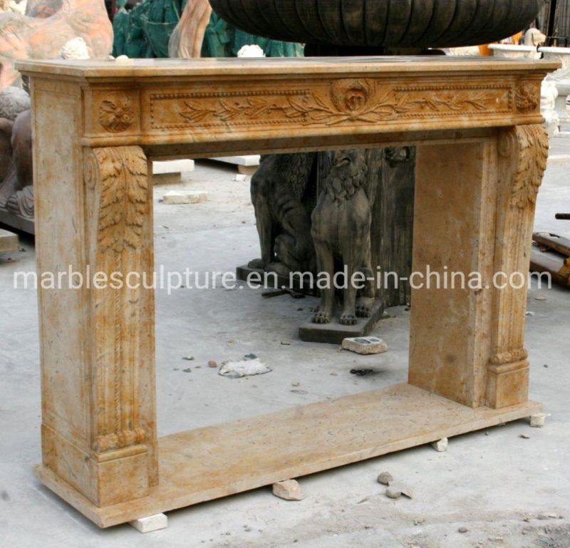 Antique Middle Yellow Marble Fireplace with Hand Carving (SYMF-257)
