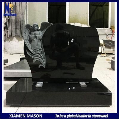Customizable Indian Black Granite Headstone with Praying Angel Carving