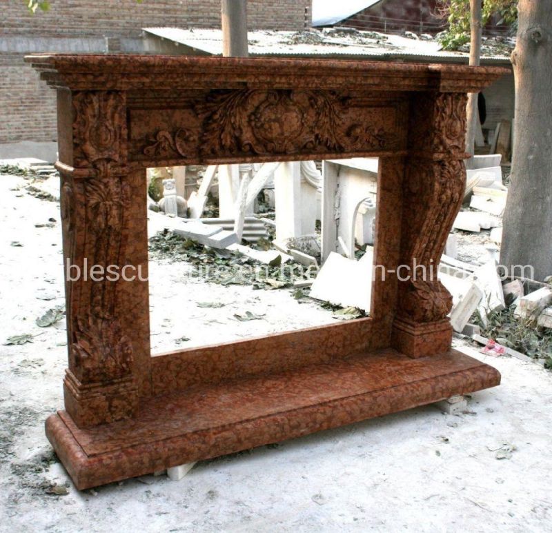 Antique Style Carved Yellow Marble Stone Fireplace Mantel (SYMF-215)