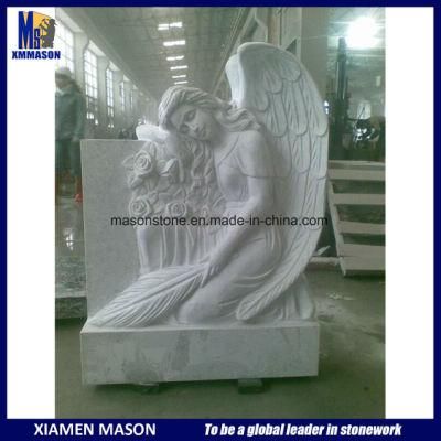 White Marble Weeping Angel with Roses Carving Headstones Wholesale