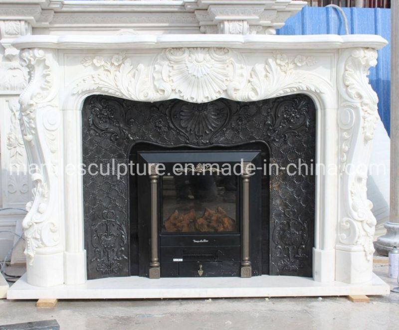 Elquisite Pure White Marble Fireplace Mantel Carved Flowers (SYMF-315)