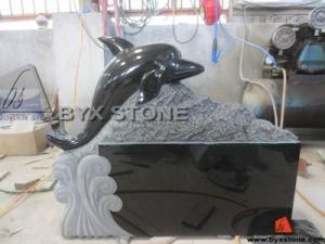 Black Granite Animal Monument / Headstone with Carved Dolphin