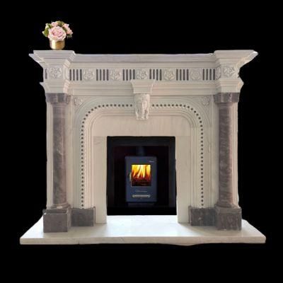 Custom Made White Marble Roman Column Carving English Fireplace Mantel