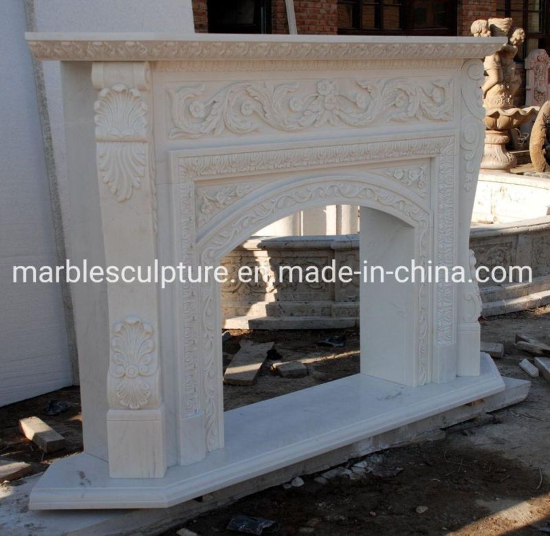 White Marble Fireplace with Flower Carving for Indoor Decoration (SYMF-093)