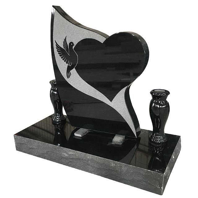 Beautiful Heart Shape Indian Black Granite Tombstone with Double Vases