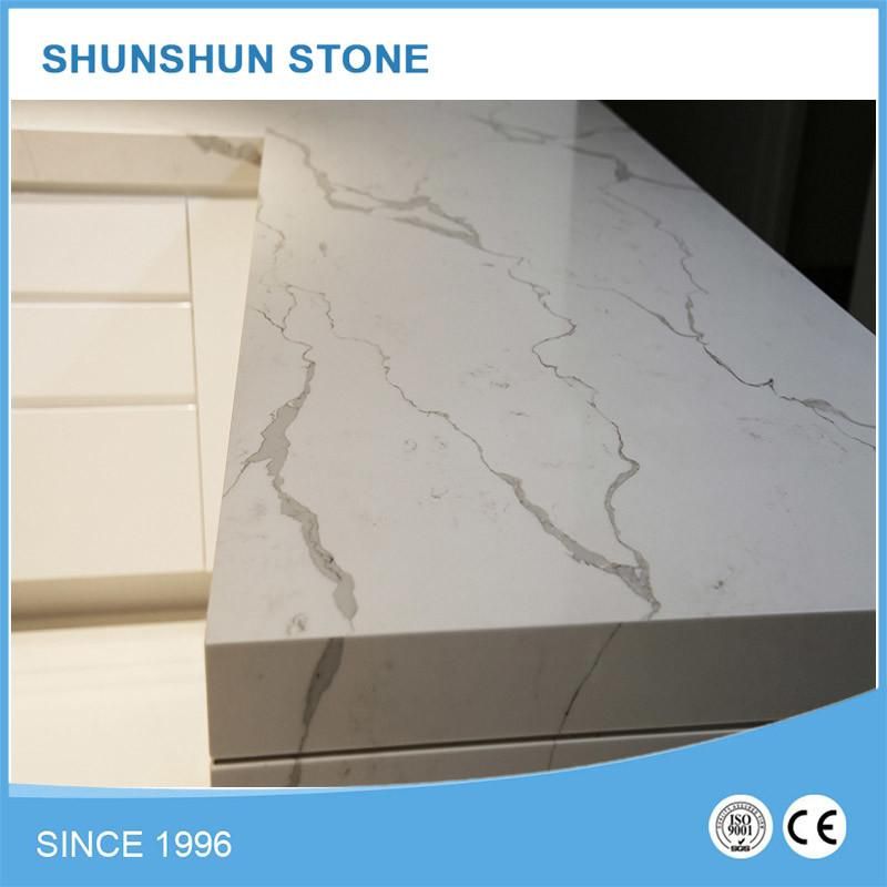 White Calacatta Quartz Prefab Kitchen Countertop