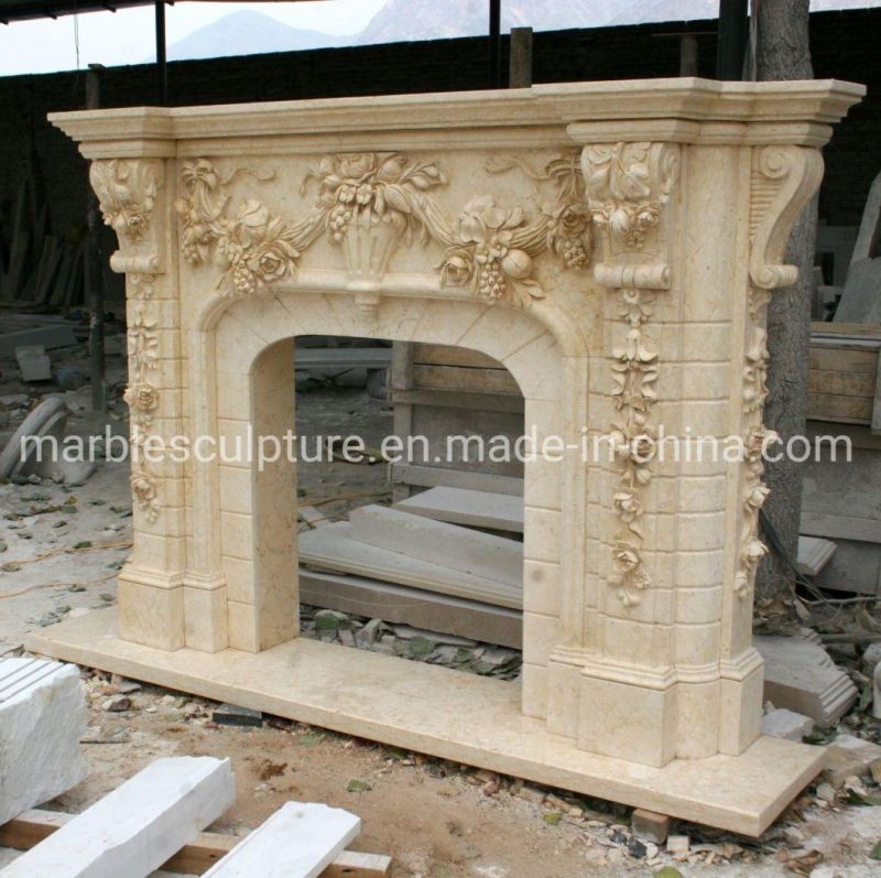 Beige Hand Carved Marble Stone Fireplace Surround with Flowers (SYMF-234)
