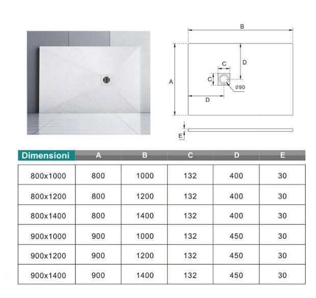 Stone Resin Shower Base Shower Tray 80*80*4cm White Shower Plate in Marble Resin Mixed Effect Slate Rough Pile and Pipe Included
